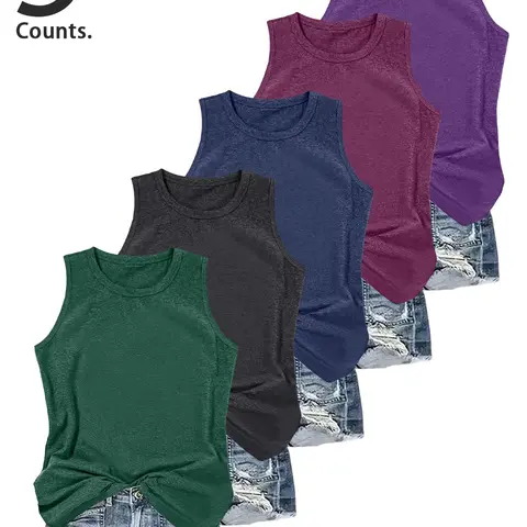 Fashion Casual Plain Sleeveless Tank Tops, H-Type Fitted Backless Design, All-Season Wear, Available in 5-Piece Set or 3-Piece Set