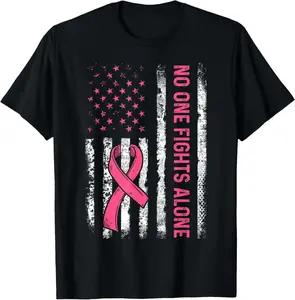 [100% Cotton] No One Fights Breast Cancer Alone American Flag Pink Ribbon T-Shirt streetwear dtf printing