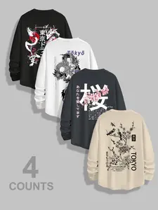Men's Classic 4-Piece Set Letter Animal Print Casual Long Sleeve T-Shirt Fabric, Casual Letters Print, Fitted Graphic Top for Fall & Winter, Menswear Streetwear