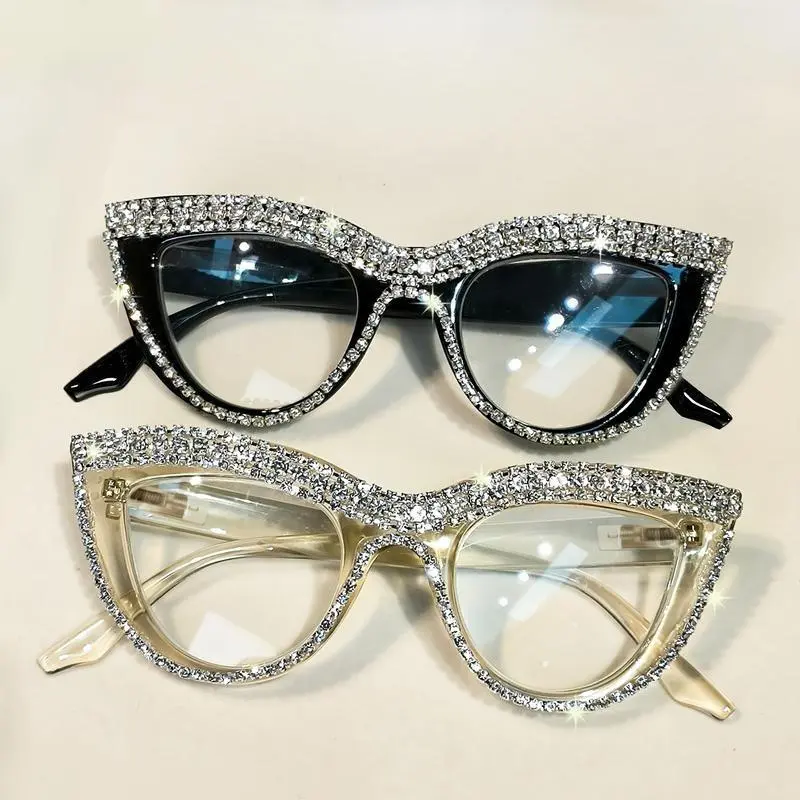 2PCS Cat Eye Rhinestone Blue Light Blocking Glasses for Women, Elegant Full-Frame Eyewear with Sparkling Crystals and Clear Polycarbonate Lenses for Daily Screen Protection