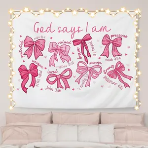 Coquette Pink Bow Christian Tapestry Wall Hanging, God Says I Am Inspirational Bible Verse Tapestry Decorative, Pink Girly Christian Wall Decor for Room, 50x60 Inch