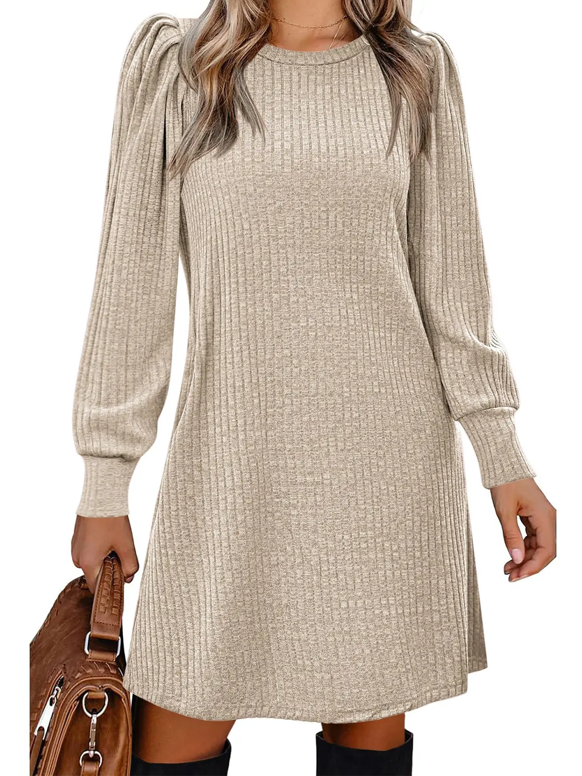 Chic Puff Sleeve Sweater Dress Women's Crew Neck Ribbed Knit Casual Dress for Fall Winter Breathable Bridal