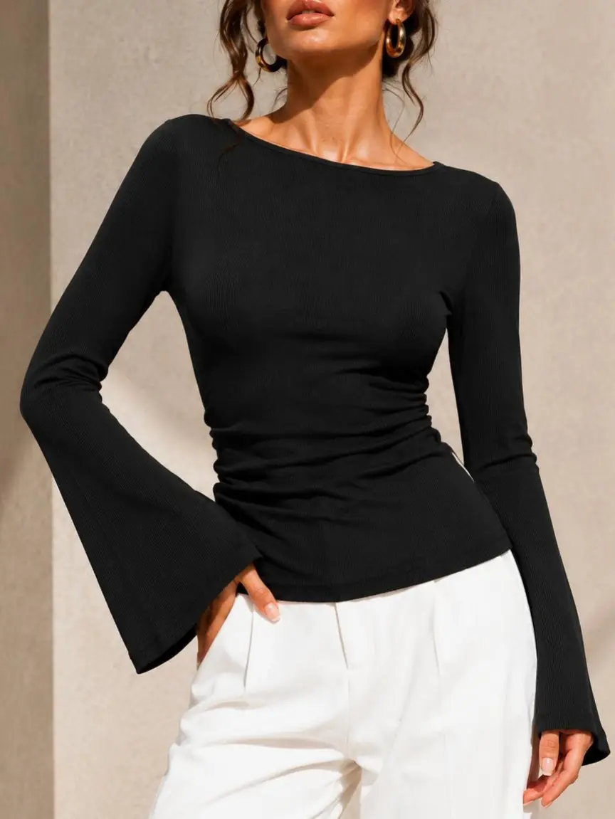 Women’s Built-In Bra Ribbed Long Sleeve Top, Slim Fit Boat Neck Bell Sleeve Shirt, Soft Stretchy Going Out Top for Fall Casual Daily Wear