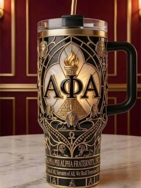 Alpha Phi Alpha 40oz Tumbler with Handle | Custom AFA Fraternity Gifts | Premium Black & Gold Insulated Travel Mug with Straw