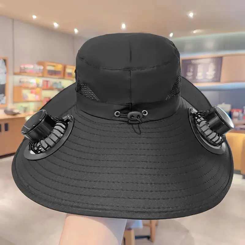 Solar and USB Rechargeable Fan Hat, Wide Brim Outdoor Sun Hat for Men Women with 2 Built In Fans, 3 Speed Adjustable Cooling, Breathable Lightweight Fishing Bucket Hat for Camping, Hiking, Beach, Golf, Gardening and Farm Work