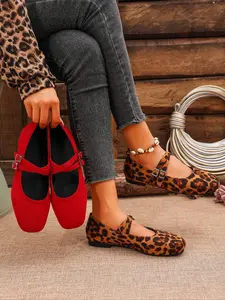 Women's Fashionable Leopard Print Ballet Flats, Casual Comfortable Cross Double Buckle Design Flat Shoes for Daily Wear, Lightweight Breathable Shoes for Women & Girls, Casual Trendy Flat, Footwear