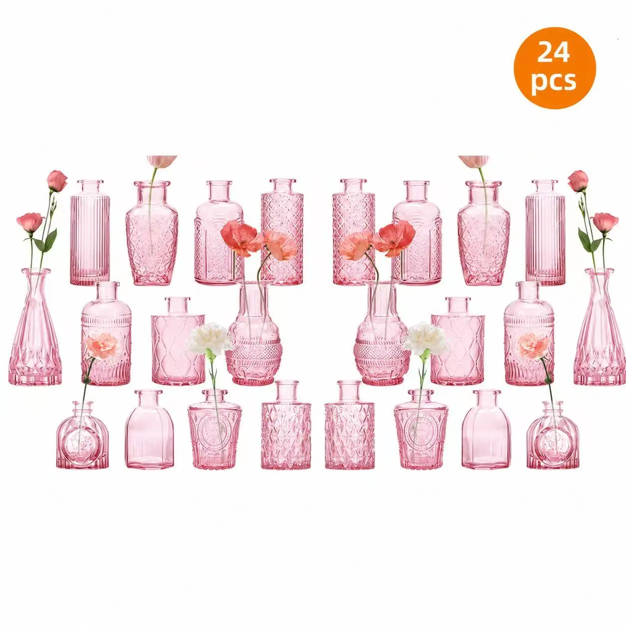Clear Pink Glass Bud Vase Set of 24 Pcs,Small Bud Vases in Bulk,Glass Crystal Flower Vases Table Centerpieces for Party Event Wedding Decor Baby Shower Decorations (Pink, 24 Pcs)