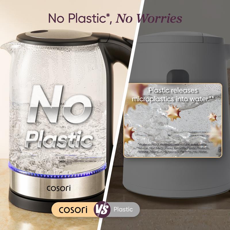COSORI Electric Glass Kettle, 1.8Qt/1500W, No Plastic Filter & Spout, Auto Shut Off, Black, Hot Water Boiler for Coffee&Tea, College Dorm Essential GK-172/173