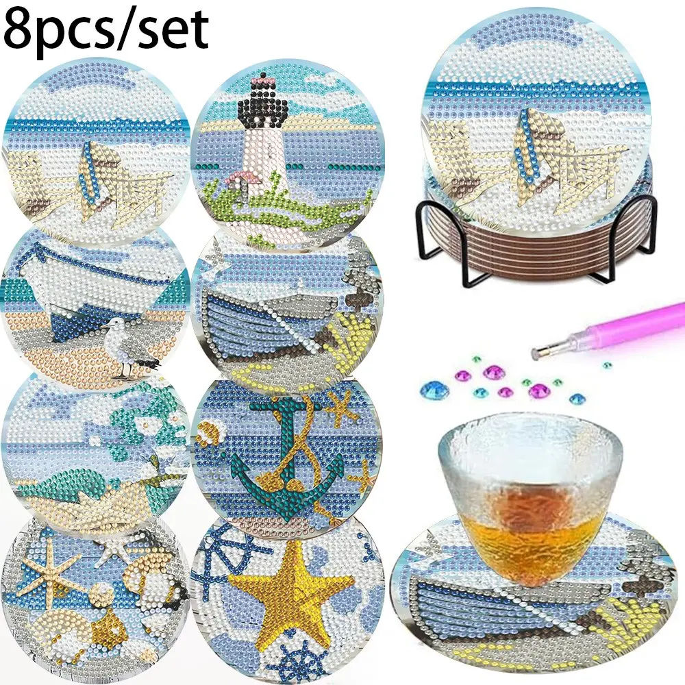 8-Piece DIY Diamond Painting Coasters Set, Ocean Series Design, Heat-Resistant & Non-Slip, Includes Stand, Perfect Handmade Gift