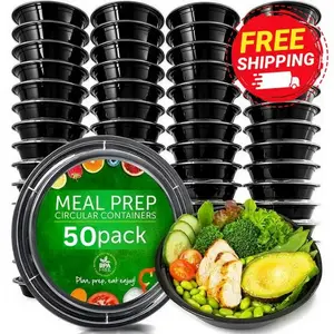 [50 / Case] 32 Oz Black Plastic Meal Prep Containers with Lids | Round Food Storage Container | Microwave Safe | BPA-Free | Stackable | Reusable | Dishwasher | Freezer Safe