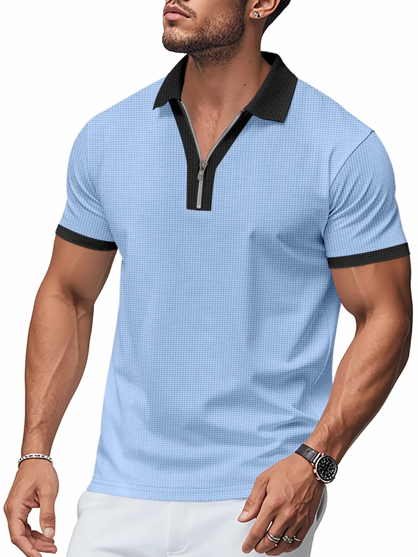 Men's Waffle Check Colorblock Lapel Zipper Polo Shirt, Summer Casual Business Short Sleeve Top, Stylish and Comfortable Apparel