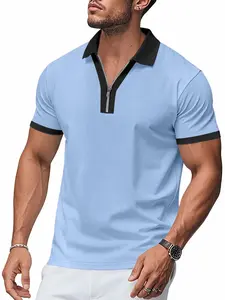 Men's Waffle Check Colorblock Lapel Zipper Polo Shirt, Summer Casual Business Short Sleeve Top, Stylish and Comfortable Apparel