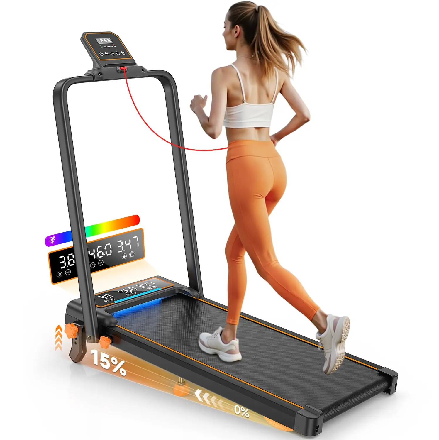 Trisomy-B30 Portable Foldable Walking Pad Treadmill - 3.5HP, 15% Max Incline (4 Adjustable Levels), Handle Bar, 2 LED Displays, RGB Light, Smart App, 350+lb Capacity for Home Small Spaces, Portable Foldable Treadmills