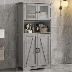 【GARVEE】Bathroom Cabinet, Freestanding Floor Linen Storage Cabinet, Kitchen Pantry Storage Cabinet with Glass Doors & Adjustable Shelves, Standing Cupboard,Storage Cabinet for Living Room (White)