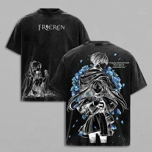 Frieren Beyond Journeys End Vintage Wash Heavy Cotton Oversized Anime T Shirt Frieren x Himmel Double Sided Print Retro Unisex Streetwear Trendy Casual Graphic Tops Fantasy Love Adventure Inspired Tees
