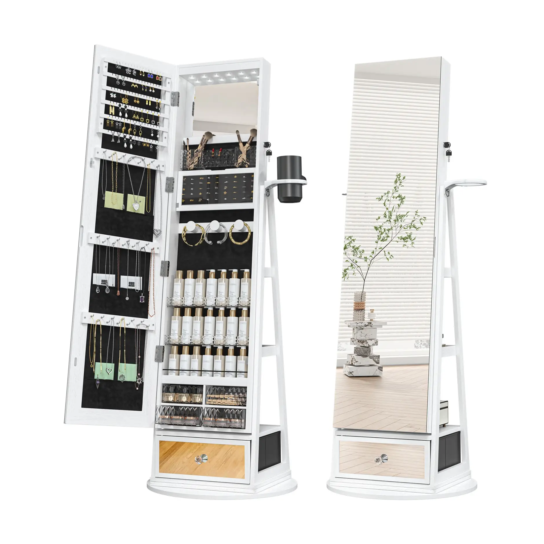 [FallFreshness]LHBCRAFT 360° Swivel Jewelry Cabinet with LED Light, mirror cabinet, jewelry armoire, Mirror with Storage, Standing Jewelry Armoire Org