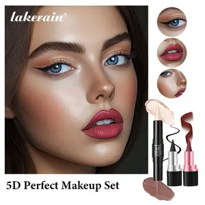 Sharp Tip Makeup 5 Piece Set - Waterproof Gel Eyeliner Pen + 2-in-1 Lip Liner & Lipstick + 5D Dual-Ended Contour Stick, Velvet Matte Finish, All-in-One for Eyes/Lips/Face Contour, Easy to Create 3D Makeup Look, Beginner-Friendly Cosmetics