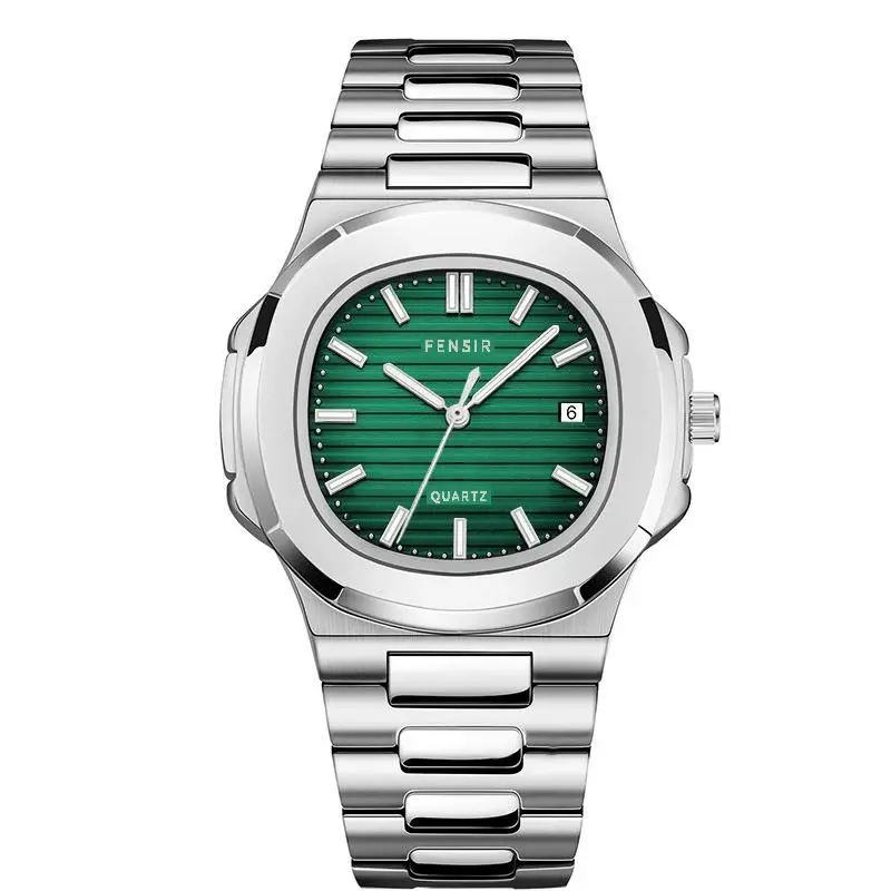 Men's Business Fashion Round Dial Analog Quartz Watch, Stainless Steel Casual Business Wristwatch, Fashion Luminous Waterproof Watch for Party, Everyday Accessories,Stylish Watch, Business Quartz Watches, Nautilus Style Green Dial Watch