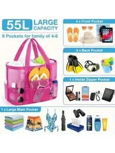 Large Capacity Beach Bag, Sandproof Mesh Pool Travel Storage Handbag, Multi-Pocket Design, Essential Vacation Beach Bag