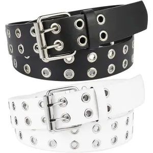 2 Pack Double Grommet Belt, PU Leather Punk Belt 2 Hole Grommet Jeans Belt for Women Men, Multi, Medium