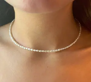 Stainless Steel Dainty Pearl Choker Necklace, Waterproof Real Rice Freshwater Tiny Pearl Necklace
