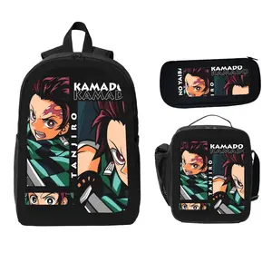 Demon Slayer Kimetsu no Yaiba Tanjiro-themed Backpack Set Black Anime Backpack Pencil Case Lunch Bag Three-Piece Set for Fans