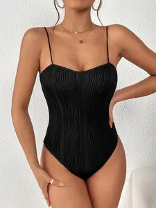 Snatched Black Bodysuit Women Textured Spaghetti Strap Sleeveless Jumpsuit Clean Girl Aesthetic Minimalist Basic Layering Top Baddie Going Out Evening Sexy High Cut Leotard Viral Wardrobe Essential Sculpting Summer Outfit Skinny Bodysuit