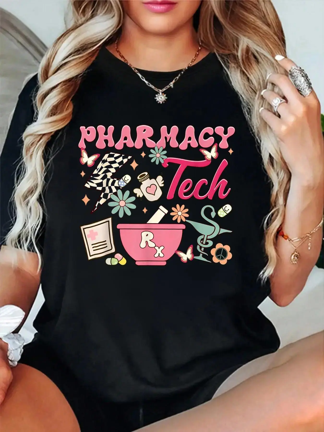 100% Cotton T shirts Vintage Pharmacy Tech Technician Pharmacist Student Flower T-Shirt Breathable & Comfort Fit Tee Women,Short Sleeve Crew Neck Top for All Seasons,Graphic Tees Women Tops