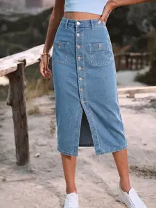 Blue Button Front High Waist Split Thigh Slimming Denim Midi Dress, Stylish Casual Wear for Women, Perfect for Spring and Fall