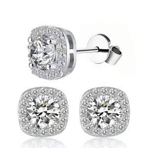Synthetic Moissanite Halo Square Stud Earrings Birthday Anniversary Mother's Day Gifts for Men Women