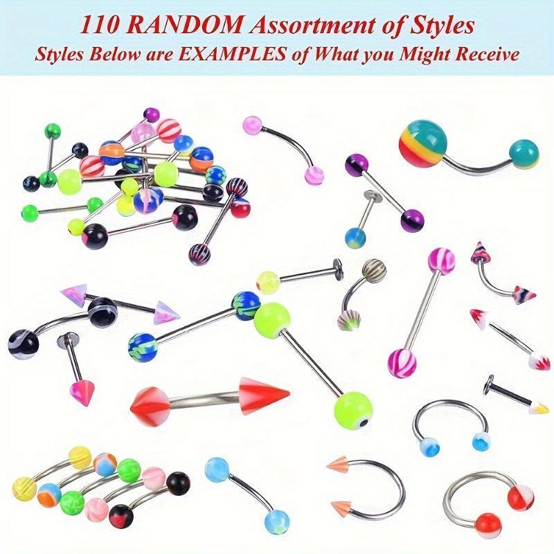 105/110pcs Punk Style Body Jewelry Set - Acrylic Bead, Stainless Steel Rod, Includes Tongue Bell, Eyebrow Rings, Navel Hoops, Lip Plugs, Nose Rings for Daily Wear & Parties