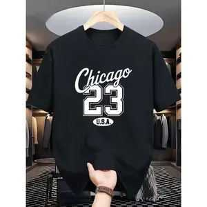 Men's Chicago 23 USA Graphic Print Black Cotton Tee, 100% Cotton Classic Round Neck Short-Sleeve Regular Fit Menswear Tshirt, Breathable Casual Sports Top for Summer Urban Streetwear