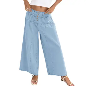 Women's Lightweight Fashion Denim Jeans - Baggy Loose Wide-Leg Trouser, Elastic Waist, Button Closure, Pockets, Comfortable Fit, Streetwear Casual Everyday Bottoms