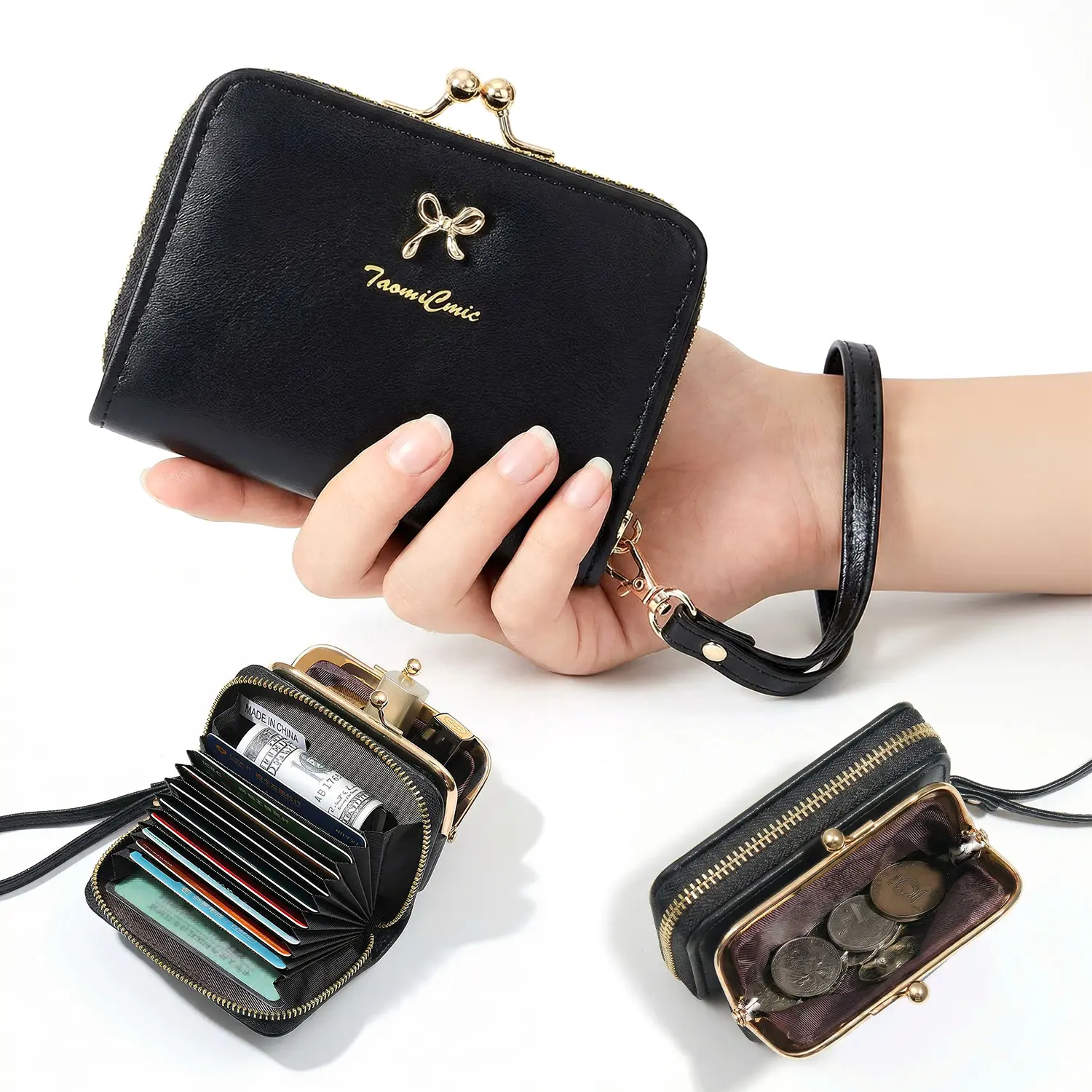 Women's Genuine Cowhide RFID Anti-Theft Slim Leather Wristlet Wallet - Keychain, Coin Pocket, Card Holder, Change Pouch, Key Ring, Slim Clutch, Quick Card Access, Solid Colors for Casual Use