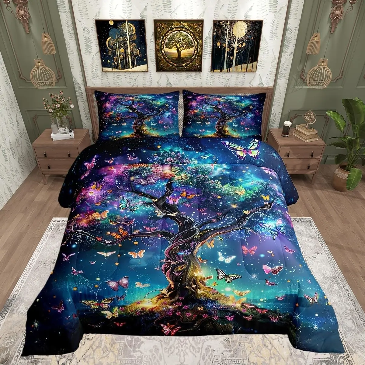 Tree of Life Bedding Set Starry Galaxy Universe Comforter Dreamy Butterfly Comforter Set Navy Blue Duvet Set Quilt Set Comforter Set