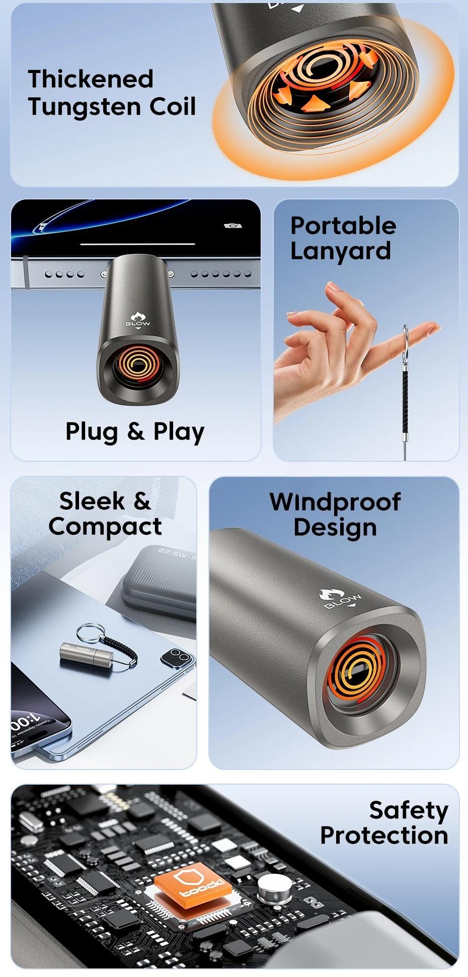 Unisex Modern USB-C Mini Electric Lighter - Plug&Play, Blow-to-Light, Flameless, Windproof, Fast Ignition with Tungsten Wire, Smart Auto-Off, Overheat Prevention, Universal Power for Camping & Hiking, Outdoor Camping, Prevents Overheating