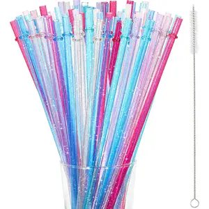 48 Pcs Plastic Straws with Team Bride Flags Glitter Straws Reusable Drinking Straw Thick Bpa-Free Glitter Drinking Straw Accessories (Red, Dark Blue, Pink, Champagne, Purple, Blue) Boao