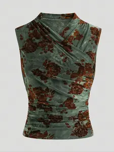 French-style temperament flocked printed cross-neck top, pleated waist-cinching slim-fit sleeveless camisole for hot girls, ideal for daily and dating outfits