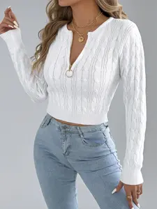 Women's Fall Winter Round Neck Zipper Waist Cinched Casual Slim Fit Long Sleeve Cropped Pullover Sweater Top, Pure Color Knitwear, Knitting