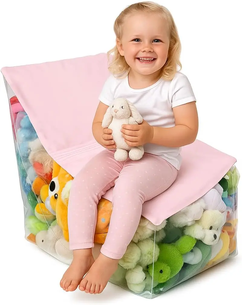 Stuffed  Storage Chair  Clear Bean Bag for Plush Toys,  Organizer Seat with PVC Window & Non-Slip Base, Soft Storage Solution for  Playroom ()