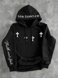 Men's Fall Winter Hoodie, Gothic Cross Element, Polka Dot Pattern, Kangaroo Pocket, Casual Long Sleeve, Drawstring Design, Outdoor Wear