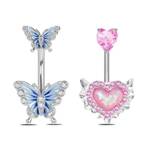 HERVAY 14G/10MM Hypoallergenic Stainless Steel Belly Ring with Pink & White Crystal Butterfly Heart Durable Unisex Piercing Jewelry for Women and Men