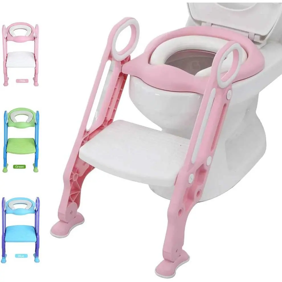 Potty Training Toilet Seat with Step Stool Ladder for Kid and Baby, Adjustable Toddler Toilet Training Seat with Soft Padded Seat, Safe Handles and Non-Slip Wide Steps, Pink White for Girls