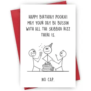 Gen Z Birthday Card, Minimalist Stick Figure Party with 'Happy Birthday Pookie' & Viral Slang Message, Perfect for Trendy Teen Friends, Greeting Card (No Cap), Fun Party Cards