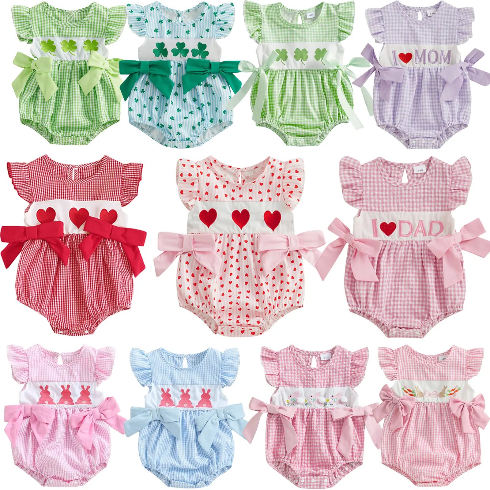 St Patricks Day Valentine Easter Baby Girl Outfit Infant Smocked Bubble Romper Newborn Plaid Bodysuit Cute Toddler Summer Clothes