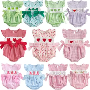 St Patricks Day Valentine Easter Baby Girl Outfit Infant Smocked Bubble Romper Newborn Plaid Bodysuit Cute Toddler Summer Clothes