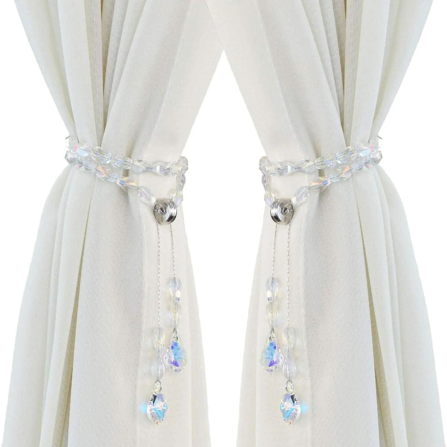 Curtain Tiebacks, Beads Rope Drapery Holdbacks Holder for Small,Thin or Sheer Window Draperies,12 Inch Long,2 Pack (White)