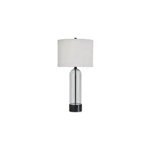 Signature Design by Ashley Kerrbrook Glass Table Lamp, Clear Glass Base with Black Metal Accents, White Drum Shade