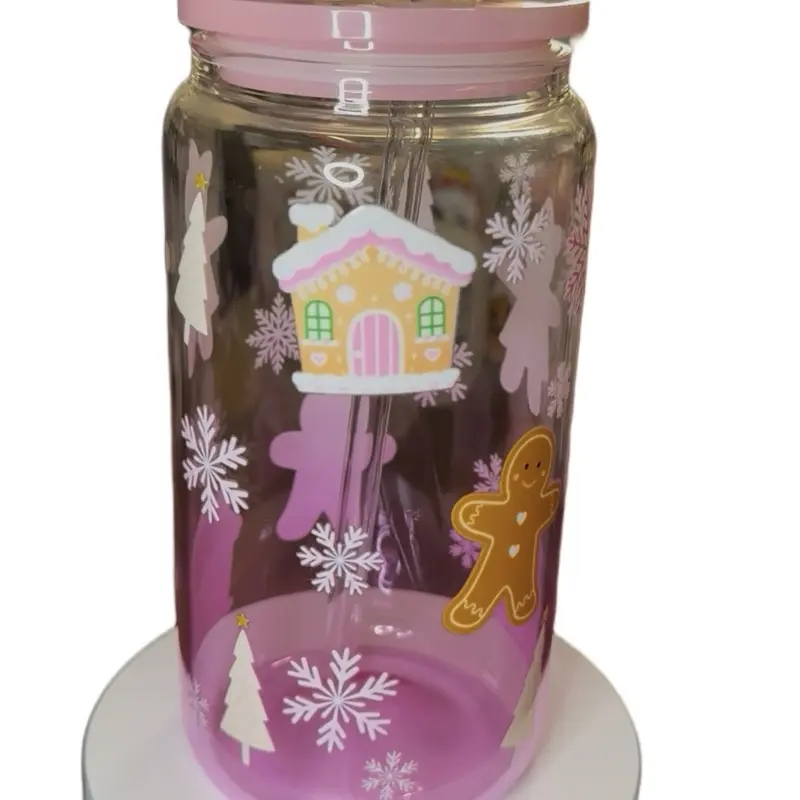 Pink Gingerbread 16oz glass cup Drinkware