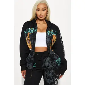 Ed Hardy Crawling Tigers Zip Front Hoodie - Black F